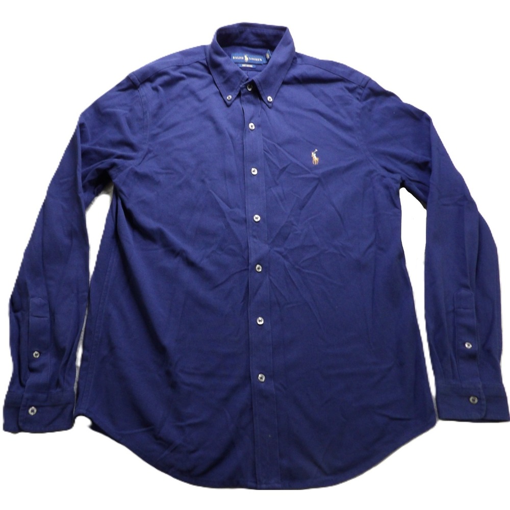 Ralph Lauren Men L Button Down Shirt Blue Knit Oxford Flesh Pony OCBD Classic LS